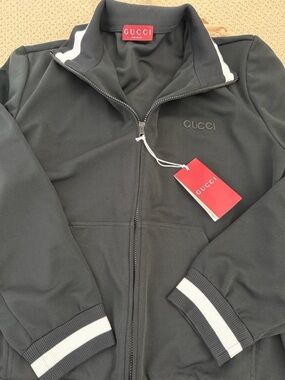 NWT-Gucci Black Track Jacket with White Collar Stripe